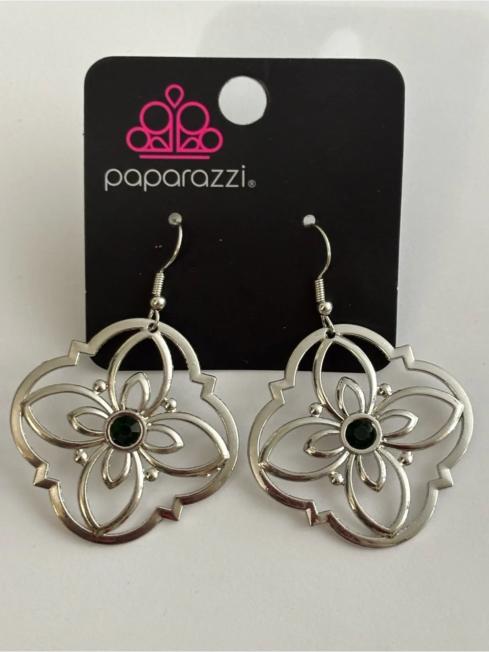 Paparazzi Silver Floral Filigree Earrings with Green Stone